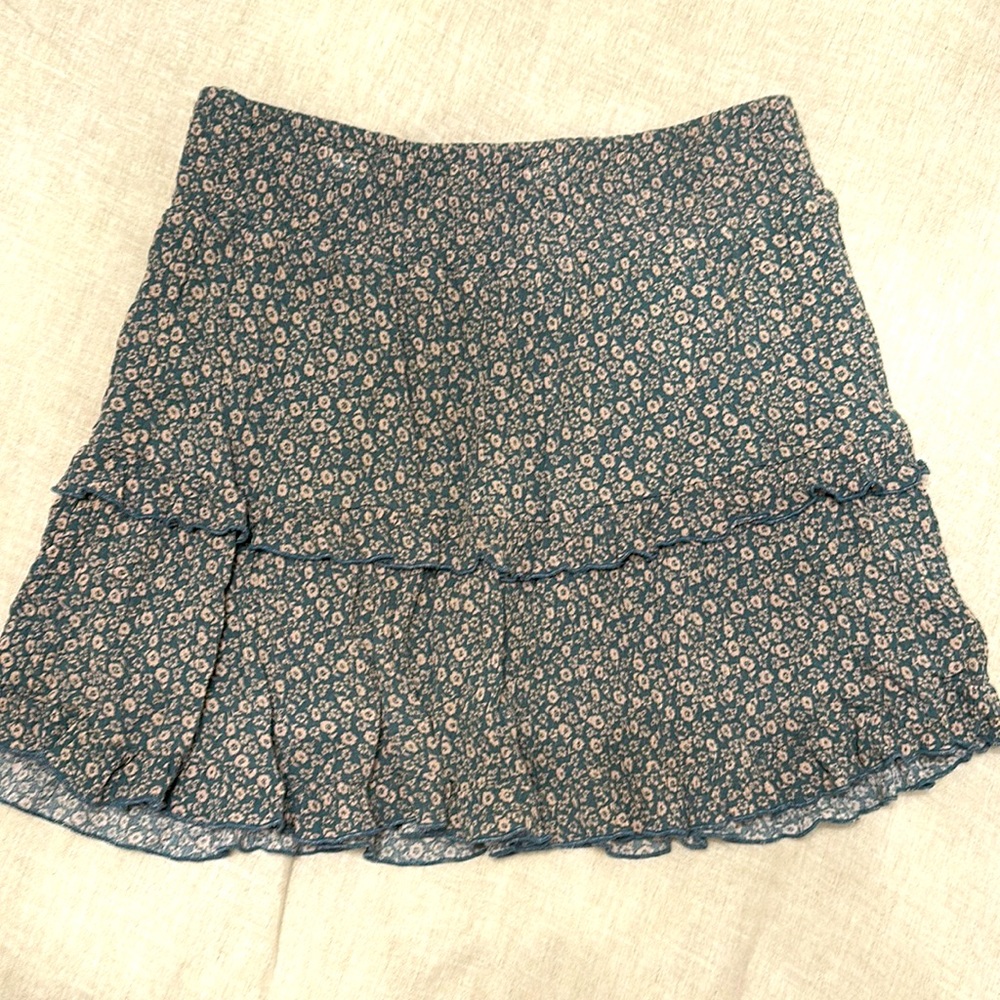 Layered Ruffle Skirt Slate Blue with Pale Pink Flowers Size Medium